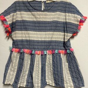 ANDREE BY UNIT Blue and White Striped Blouse with Colorful Tassels